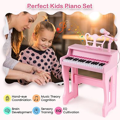 37 Key Kids Piano Keyboard Set With Microphone Music Stand And Stool