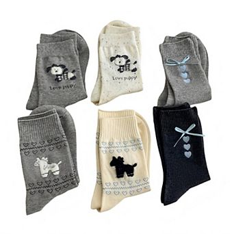 6-Pair Knit Crew Socks Set with Dog Motif and Heart Pattern Details Soft Stretch Fabric