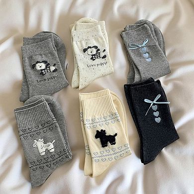 6-Pair Knit Crew Socks Set with Dog Motif and Heart Pattern Details Soft Stretch Fabric