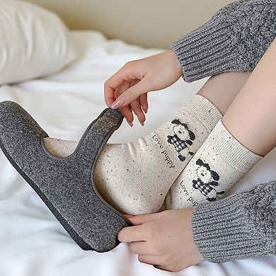 6-Pair Knit Crew Socks Set with Dog Motif and Heart Pattern Details Soft Stretch Fabric