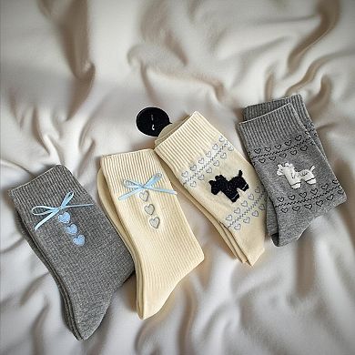 6-Pair Knit Crew Socks Set with Dog Motif and Heart Pattern Details Soft Stretch Fabric