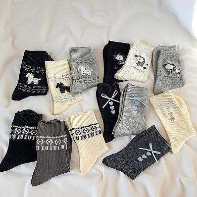 6-Pair Knit Crew Socks Set with Dog Motif and Heart Pattern Details Soft Stretch Fabric