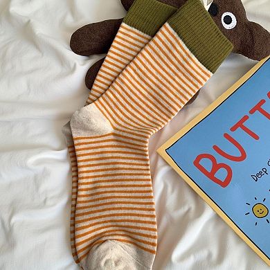 5-Pair Striped Knit Crew Socks Soft Stretch Ribbed Casual Everyday Sock Set