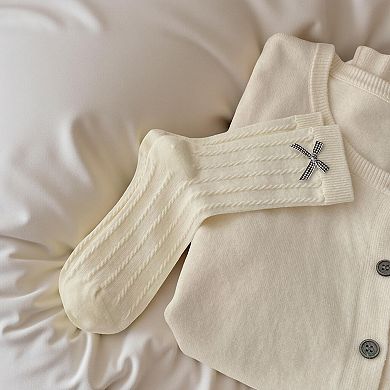 6-Pair Knit Crew Socks with Bow Detail Mixed Patterns Soft Stretch Casual Everyday Socks