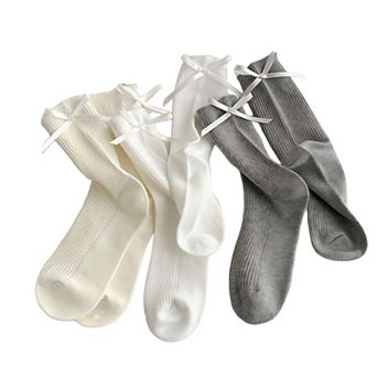 Women's 3-Pair Ribbed Crew Socks with Satin Bow Tie Cuffs Soft Stretch Everyday Socks