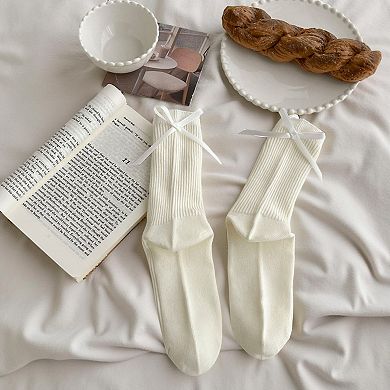 Women's 3-Pair Ribbed Crew Socks with Satin Bow Tie Cuffs Soft Stretch Everyday Socks