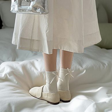 Women's 3-Pair Ribbed Crew Socks with Satin Bow Tie Cuffs Soft Stretch Everyday Socks