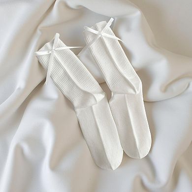 Women's 3-Pair Ribbed Crew Socks with Satin Bow Tie Cuffs Soft Stretch Everyday Socks