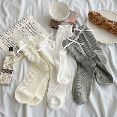Women's 3-Pair Ribbed Crew Socks with Satin Bow Tie Cuffs Soft Stretch Everyday Socks
