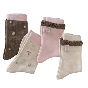 4-Pair Floral Knit Crew Socks Soft Stretch Ribbed Casual Everyday Sock Set