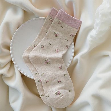 4-Pair Floral Knit Crew Socks Soft Stretch Ribbed Casual Everyday Sock Set