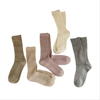 Women's 5-Pair Ribbed Crew Socks Set Soft Stretch Knit Minimalist Design Comfortable Everyday Wear