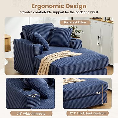 Oversized Corduroy Chaise Lounge Chair with Pillows and Cup Holders