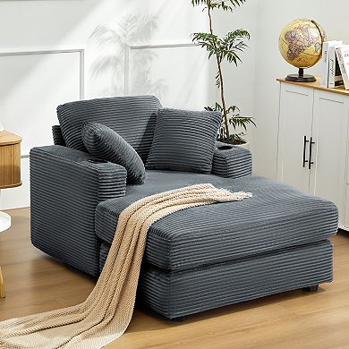 Oversized Corduroy Chaise Lounge Chair with Pillows and Cup Holders