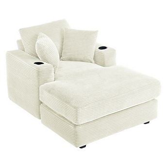Oversized Corduroy Chaise Lounge Chair with Pillows and Cup Holders