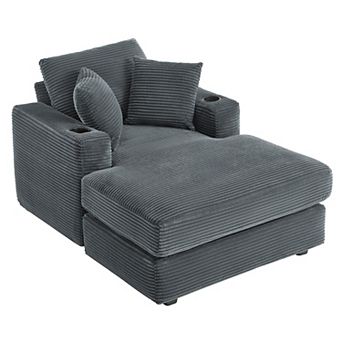Oversized Corduroy Chaise Lounge Chair with Pillows and Cup Holders