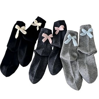 Women's 3-Pair Soft Knit Crew Socks with Contrast Bow Detail Comfortable Stretch Fit