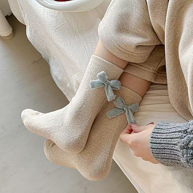 Women's 3-Pair Soft Knit Crew Socks with Contrast Bow Detail Comfortable Stretch Fit