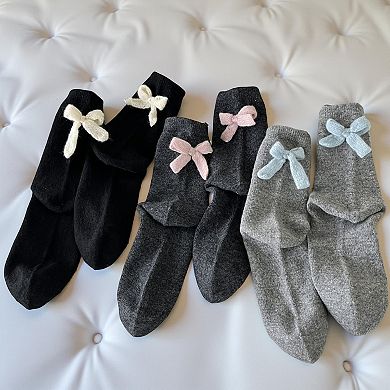 Women's 3-Pair Soft Knit Crew Socks with Contrast Bow Detail Comfortable Stretch Fit