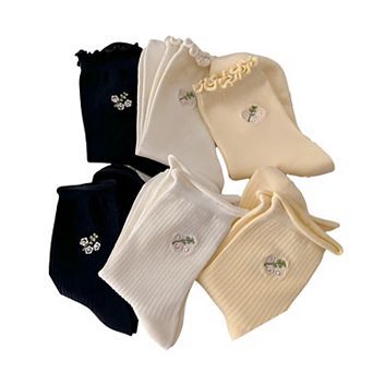 Women's 6-Pair Ribbed Crew Socks with Floral Embroidery and Ruffled Cuff Soft Everyday Socks
