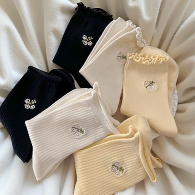 Women's 6-Pair Ribbed Crew Socks with Floral Embroidery and Ruffled Cuff Soft Everyday Socks