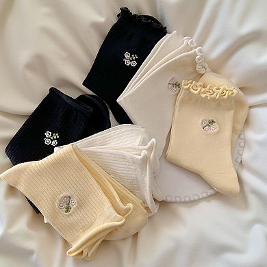 Women's 6-Pair Ribbed Crew Socks with Floral Embroidery and Ruffled Cuff Soft Everyday Socks
