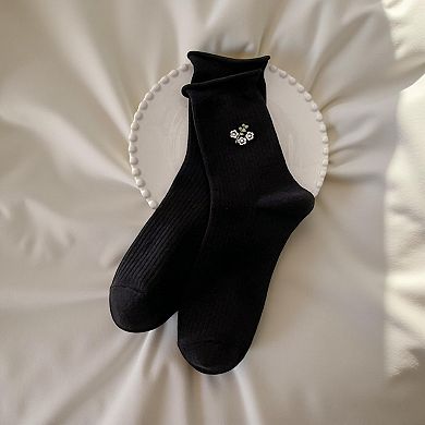 Women's 6-Pair Ribbed Crew Socks with Floral Embroidery and Ruffled Cuff Soft Everyday Socks