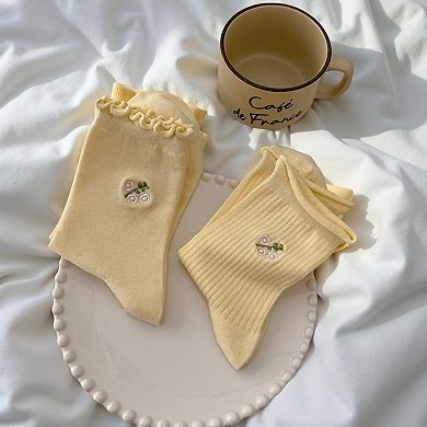 Women's 6-Pair Ribbed Crew Socks with Floral Embroidery and Ruffled Cuff Soft Everyday Socks