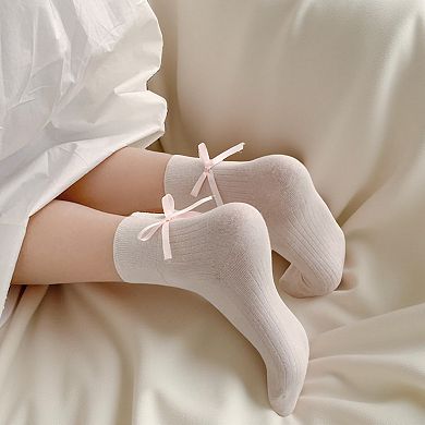 Women's 3-Pair Ribbed Crew Socks with Satin Bow Detail Soft Stretch Everyday Comfort