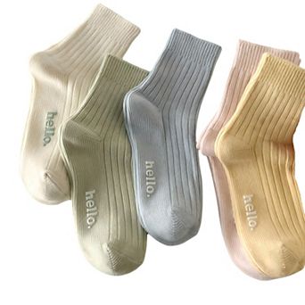 5-Pair Ribbed Crew Socks Set with Hello Text Detail Soft Stretch Knit Comfortable Everyday Essential
