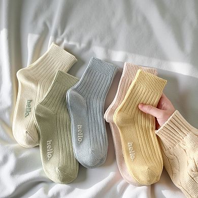 5-Pair Ribbed Crew Socks Set with Hello Text Detail Soft Stretch Knit Comfortable Everyday Essential