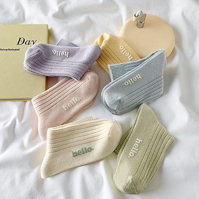 5-Pair Ribbed Crew Socks Set with Hello Text Detail Soft Stretch Knit Comfortable Everyday Essential