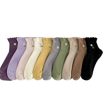 Women's 10-Pair Ribbed Crew Socks Set with Floral Embroidery Soft Stretch Knit Everyday Comfort