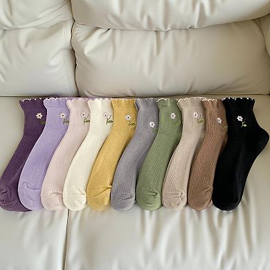 Women's 10-Pair Ribbed Crew Socks Set with Floral Embroidery Soft Stretch Knit Everyday Comfort