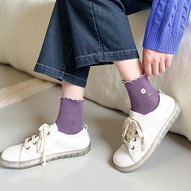 Women's 10-Pair Ribbed Crew Socks Set with Floral Embroidery Soft Stretch Knit Everyday Comfort