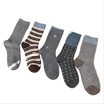 5-Pair Mixed Knit Crew Socks Ribbed Striped Dot Pattern Soft Stretch Everyday Set