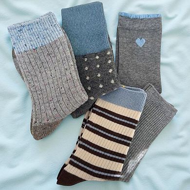5-Pair Mixed Knit Crew Socks Ribbed Striped Dot Pattern Soft Stretch Everyday Set