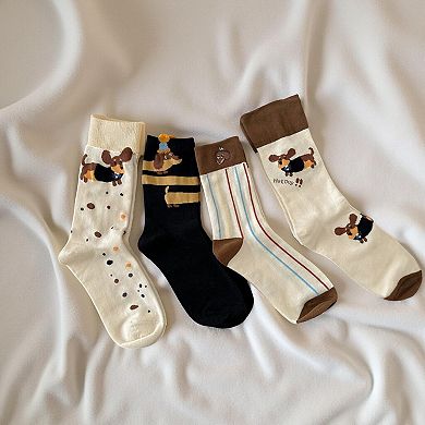 4-Pair Crew Socks Set with Playful Dog Print Designs Soft Knit Fabric and Comfortable Stretch Fit