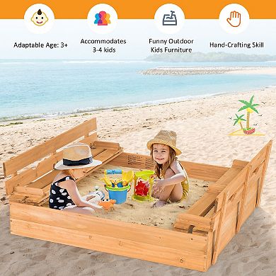 Kids Wooden Sandbox with Dual Folding Benches