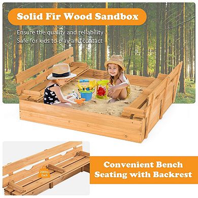 Kids Wooden Sandbox with Dual Folding Benches