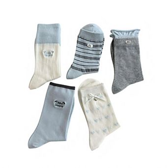5-Pair Ribbed Crew Socks Set with Embroidered Details Bow Accents Soft Stretch Knit Giftable Basics