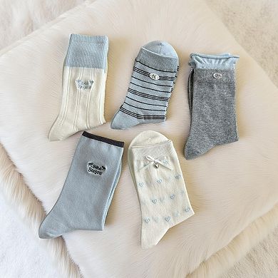 5-Pair Ribbed Crew Socks Set with Embroidered Details Bow Accents Soft Stretch Knit Giftable Basics