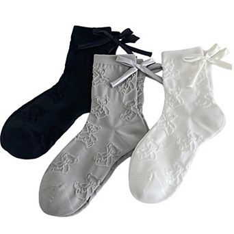 Women's 3-Pair Sheer Lace Crew Socks with Ribbon Bow Detail Elegant Lightweight Dress Socks