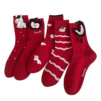 5-Pair Crew Socks Set with Playful Animal and Graphic Designs Soft Knit Fabric and Stretch Fit