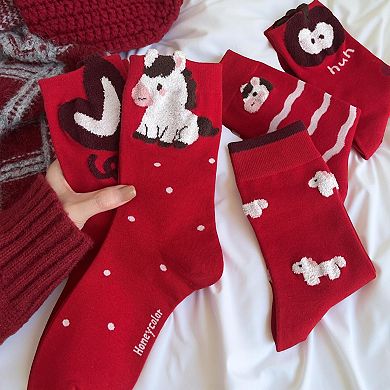 5-Pair Crew Socks Set with Playful Animal and Graphic Designs Soft Knit Fabric and Stretch Fit