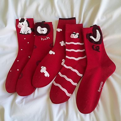 5-Pair Crew Socks Set with Playful Animal and Graphic Designs Soft Knit Fabric and Stretch Fit