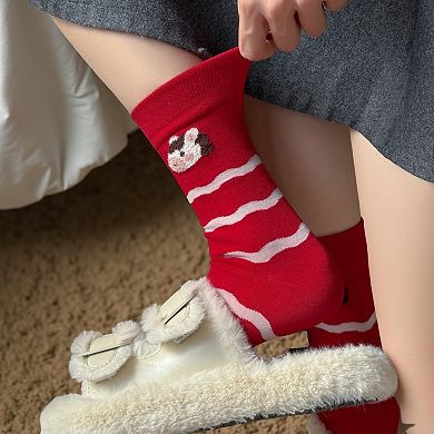5-Pair Crew Socks Set with Playful Animal and Graphic Designs Soft Knit Fabric and Stretch Fit