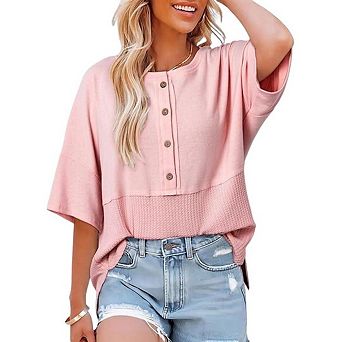 Womens Fashion Tops Short Sleeve Casual Button Down Shirts Crew Neck Oversized Patchwork Blouses