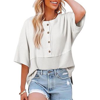 Womens Fashion Tops Short Sleeve Casual Button Down Shirts Crew Neck Oversized Patchwork Blouses