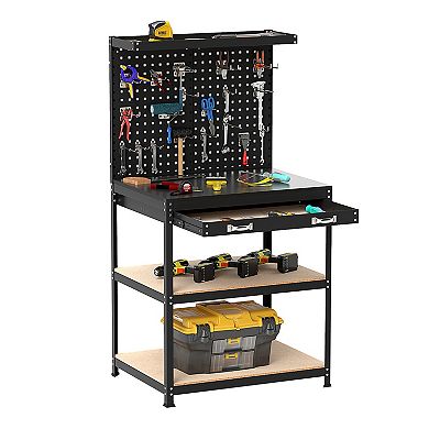 32 x 16 Inch Workbench Table with 2 Pegboards Drawer and Shelves